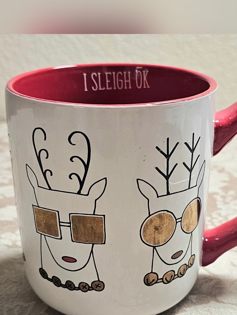 White and Red Reindeer With Sunglasses  Ceramic Mug " I Sleigh OK" - Christmas